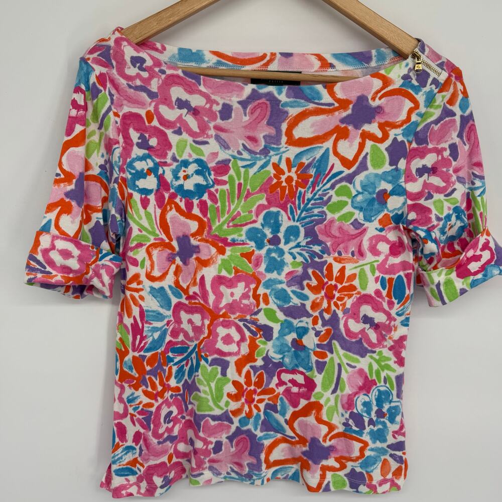 Ralph Lauren Top Women’s PL Bright Floral Classic Preppy 1/2 Sleeve Coastal Pink